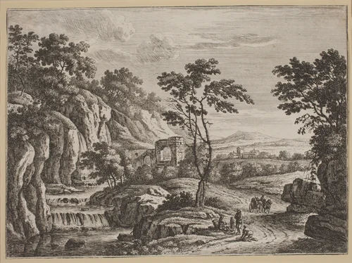 Landscape with Ruins and a Waterfall by Johann Christoph Dietzsch, print, 1710-1769