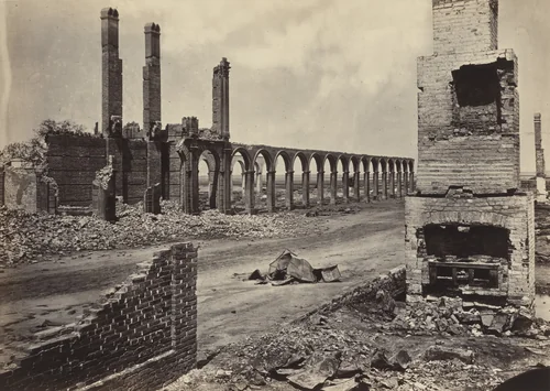 Ruins of the R.R. Depot, Charleston, South Carolina from the album Photographic Views of Sherman's Campaign(1866) by George N. Barnard, photograph, 1864