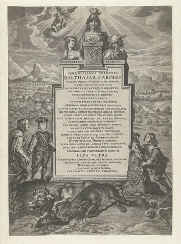 Monument ter ere van Balthazar Karel, zoon van Filips III van Spanje, die een stier en een zwijn doodde tijdens de jacht by Cornelis Galle, print, 1638-1640