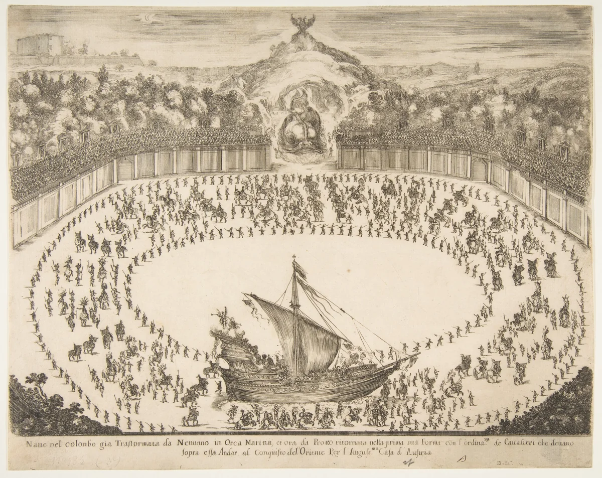 Parade float in the form of a ship, coat of arms of the Grand Duke of Modena at top by Stefano della Bella, print, 1652
