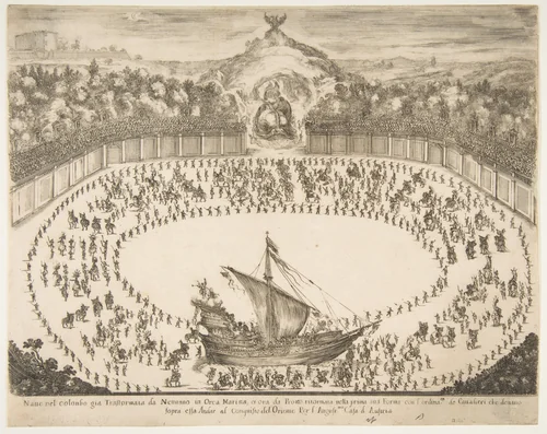 Parade float in the form of a ship, coat of arms of the Grand Duke of Modena at top by Stefano della Bella, print, 1652
