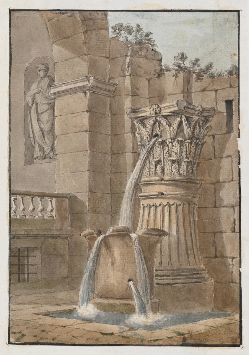 Fountain in a Courtyard by Charles Louis Clérisseau, drawing, 1768