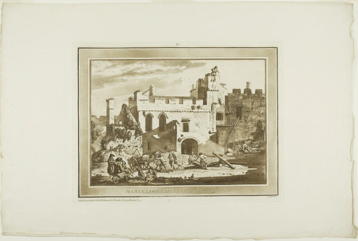 Manerbawr Castle from the Inward Court, plate nine from Twelve Views in South Wales by Paul Sandby, print, 1775