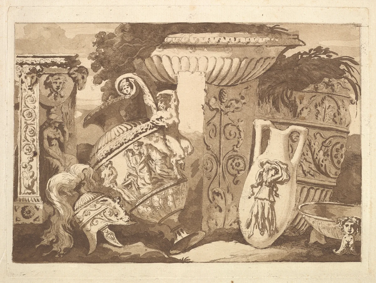 Composition with the Antique Fragments and a Leaning Vase, from Recueil de Compositions par Lagrenée Le Jeune (Collection of Compositions by Lagrenée the Younger) by Jean Jacques Lagrenée, print, 1782-1784