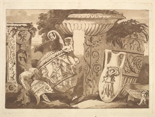 Composition with the Antique Fragments and a Leaning Vase, from Recueil de Compositions par Lagrenée Le Jeune (Collection of Compositions by Lagrenée the Younger) by Jean Jacques Lagrenée, print, 1782-1784