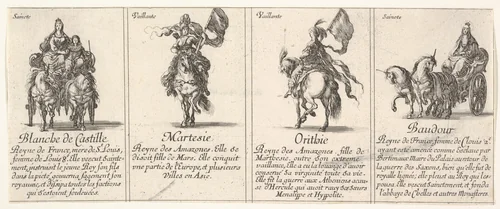 Blanche de Castille, Martesie, Orithie, and Baudour, from "The Game of Queens" (Le Jeu des Reines Renommées) by Stefano della Bella, print, 1644