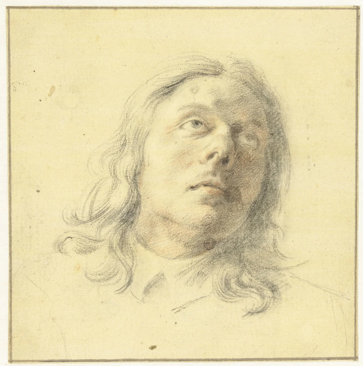 Hoofd van man, opziend by Leendert van der Cooghen, drawing, 1642-1681