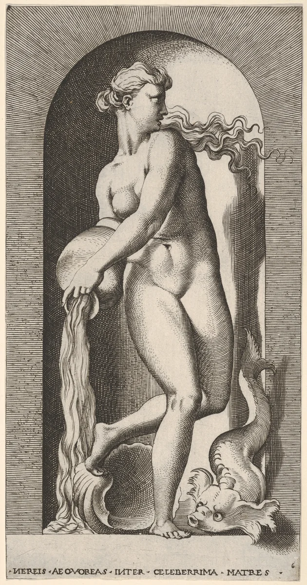 Plate 6: Thetis standing in a niche with a shell and sea creature, pouring water out of a vase, looking to her left, from "Mythological Gods and Goddesses" by Giovanni Jacopo Caraglio, print, 1526