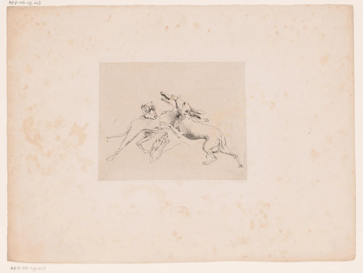 Vier honden aan het vechten by Jacques Van Gingelen, print, 1811-1864