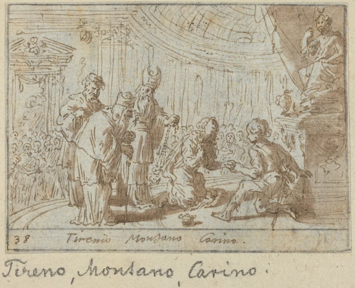 Tirenio, Montano and Carino by Johann Wilhelm Baur, drawing, 1640