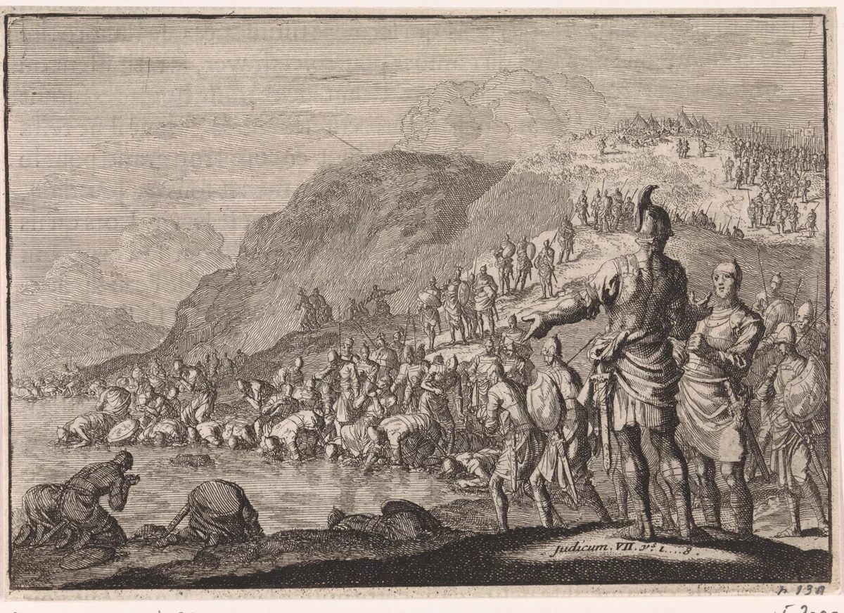 Gideon beveelt zijn manschappen water te drinken by Jan Luyken, print, 1703-1762