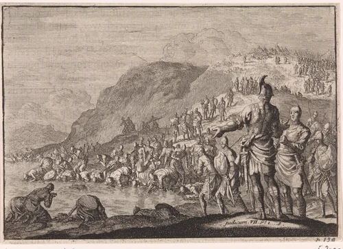 Gideon beveelt zijn manschappen water te drinken by Jan Luyken, print, 1703-1762