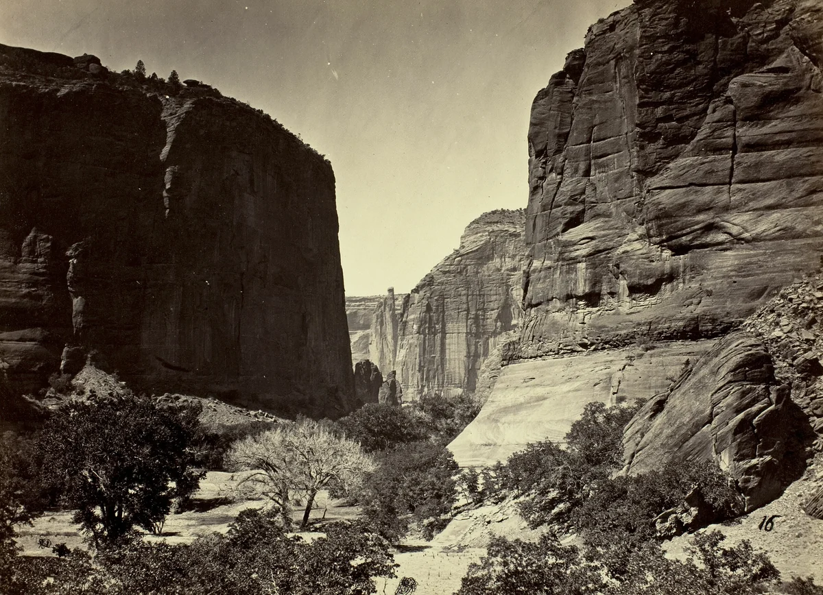 Head of Cañon de Chelle, Looking Down. Walls about 1200 feet in height by Timothy O'Sullivan, photograph, 1873