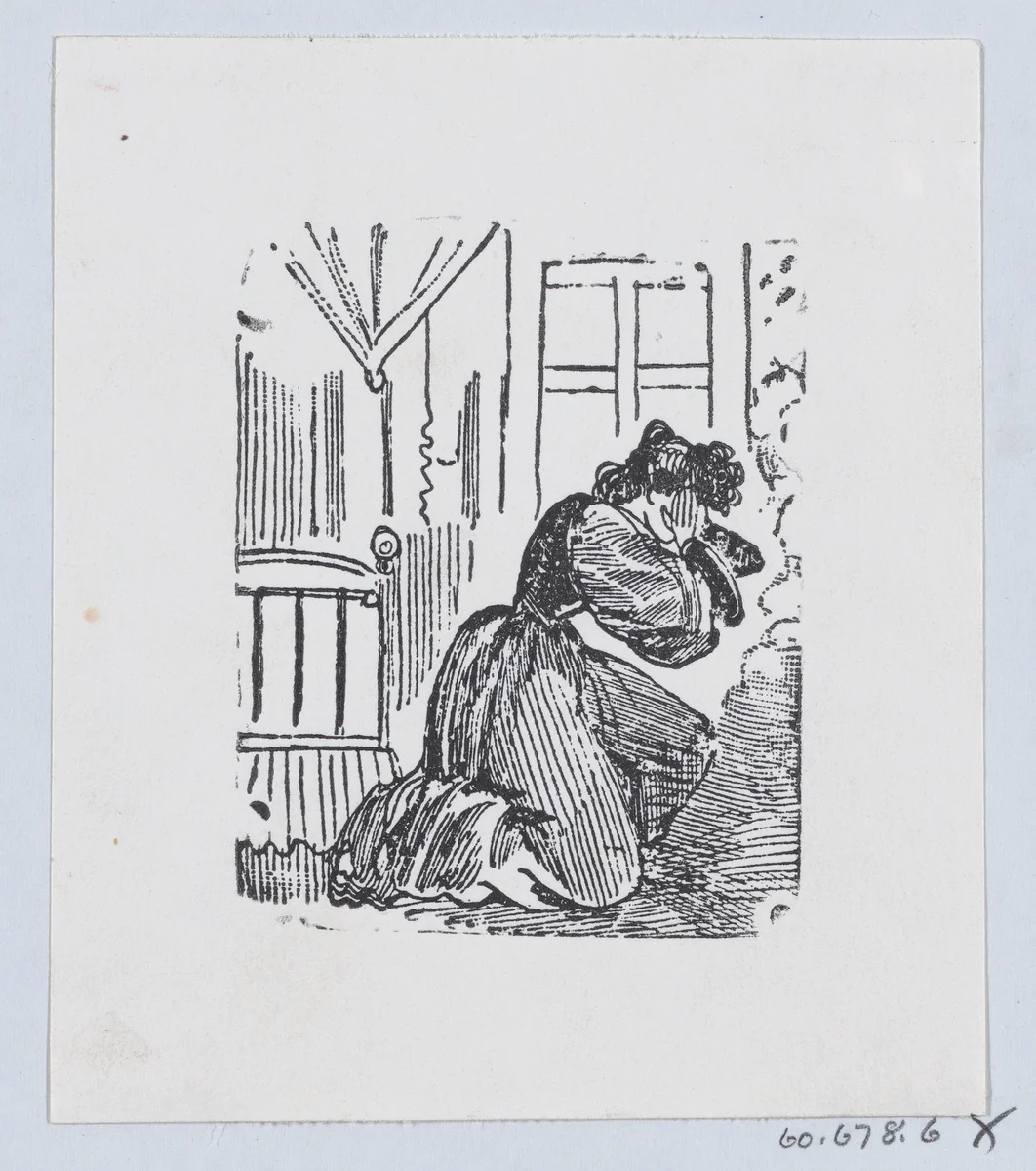 A woman in her bedroom kneeling on the floor with her hands raised to her head by José Guadalupe Posada, print, 1875-1885