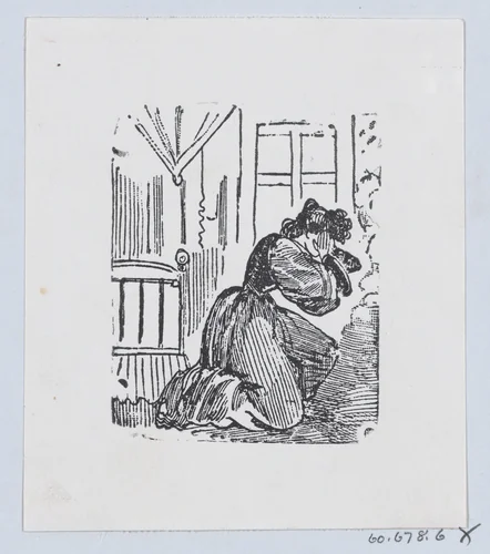 A woman in her bedroom kneeling on the floor with her hands raised to her head by José Guadalupe Posada, print, 1875-1885