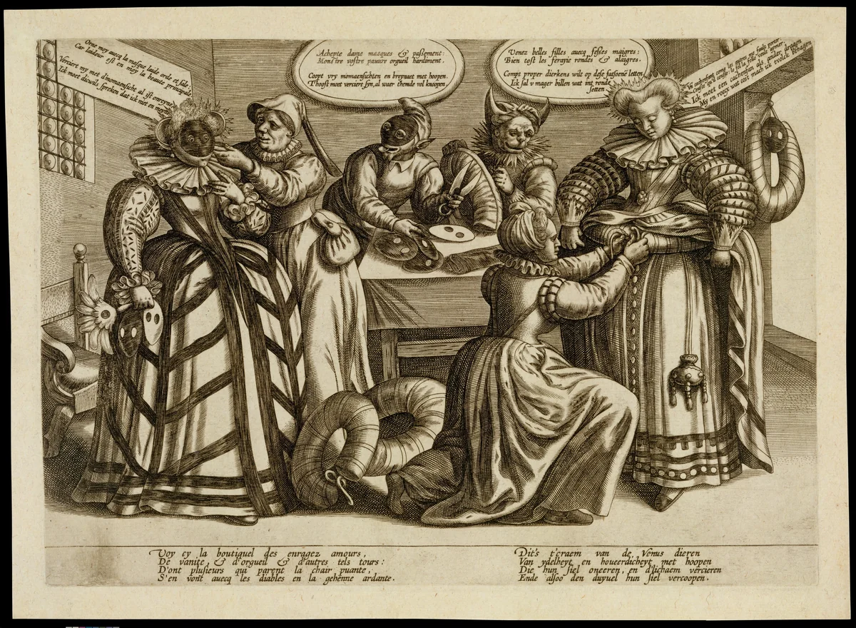 The Vanity of Women: Masks and Bustles by Maerten de Vos, artwork, 1595-1605