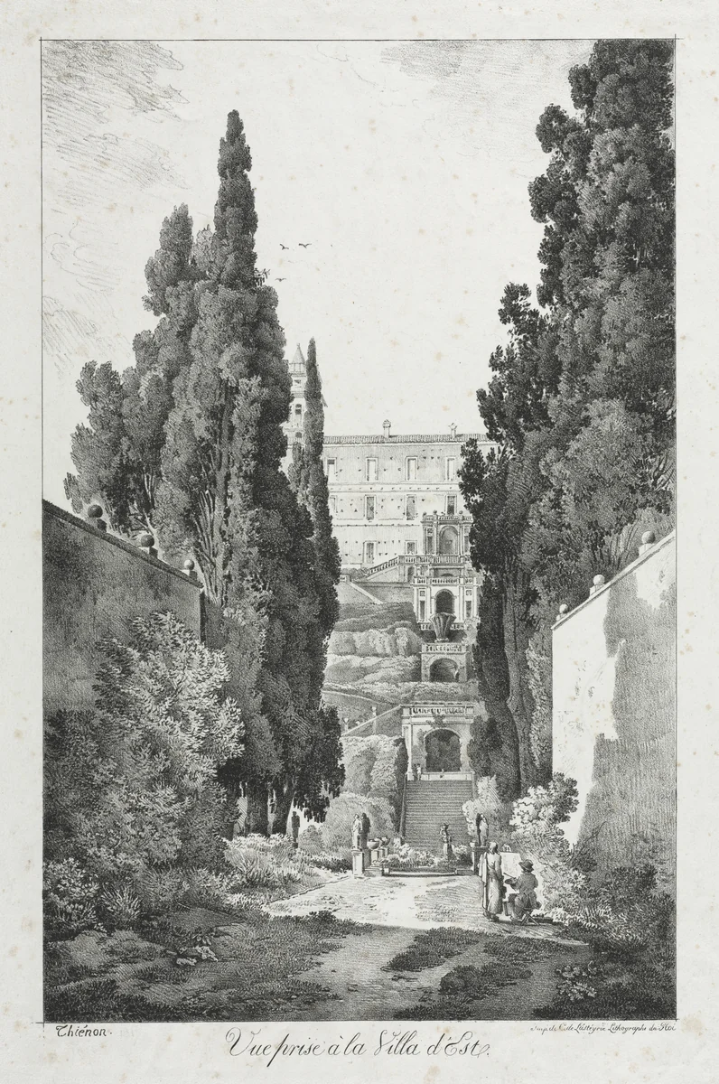 View at Villa d'Este, Tivoli by Claude Thiénon, print, 1817