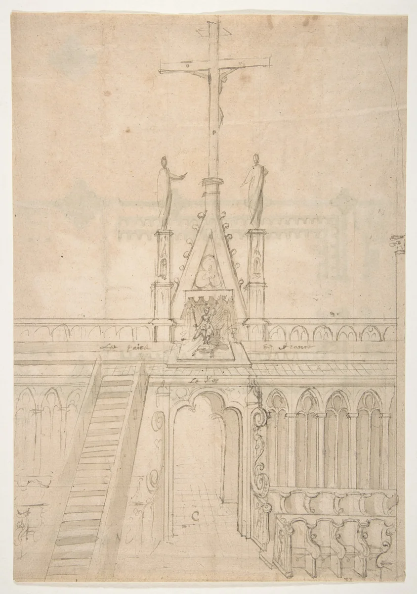 Design for Choir Stalls Showing the Entrance to the Choir through the Rood Screen by anonymous, drawing, 1500-1599