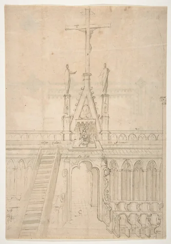 Design for Choir Stalls Showing the Entrance to the Choir through the Rood Screen by anonymous, drawing, 1500-1599