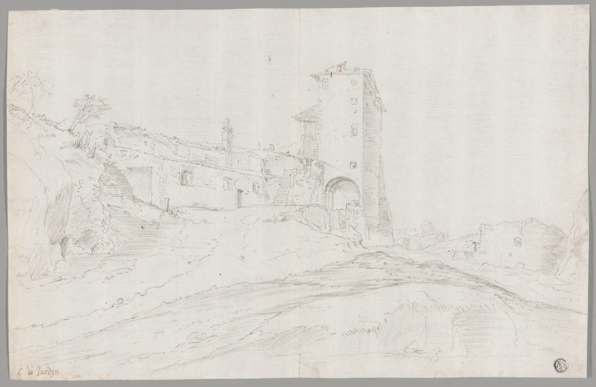Buildings Amid Ruins in Roman Campagna by Guilliam Dujardin, drawing, 1642-1678