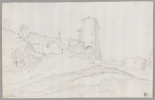 Buildings Amid Ruins in Roman Campagna by Guilliam Dujardin, drawing, 1642-1678