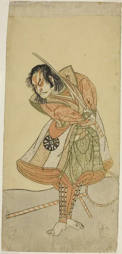 The Actor Nakamura Nakazo I as Tezuka no Taro Mitsumori Disguised as the Monkey Trainer Tonkichi Tochibei, in the Play Soga Moyo Aigo no Wakamatsu, Performed at the Nakamura Theater in the First Month, 1769 by Katsukawa Shunsho (勝川 春章), print, 1764-1774