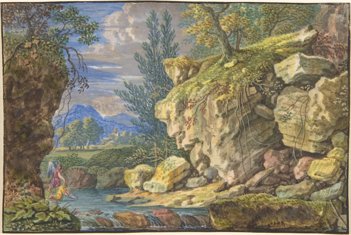 Landscape with Tobias and the Angel by Felix Meyer, drawing, 1653-1713