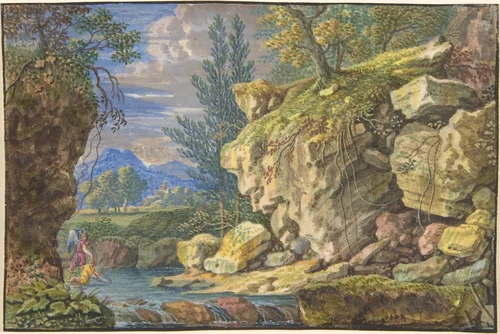 Landscape with Tobias and the Angel by Felix Meyer, drawing, 1653-1713