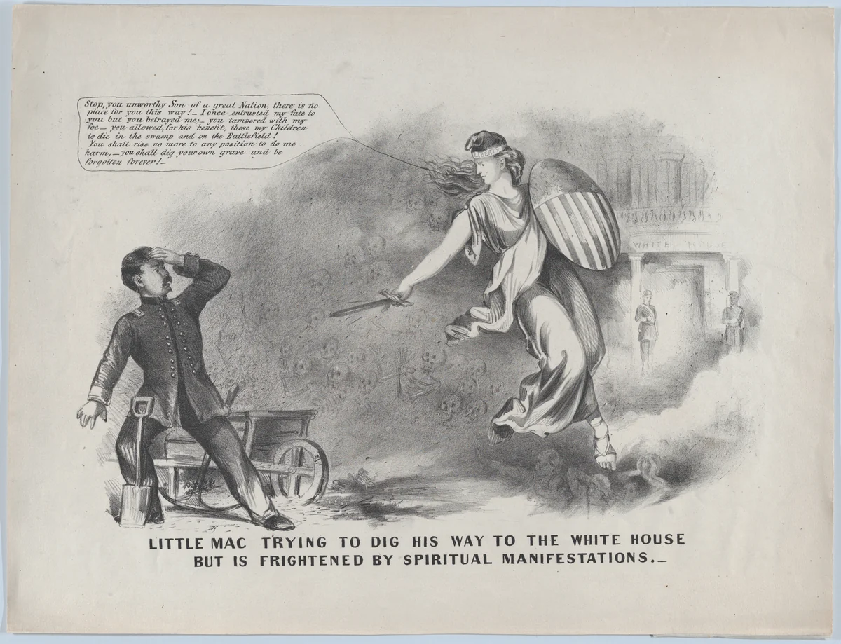 Little Mac Trying to Dig His Way to the White House, But is Frightened by Spiritual Manifestations by anonymous, print, 1859-1869