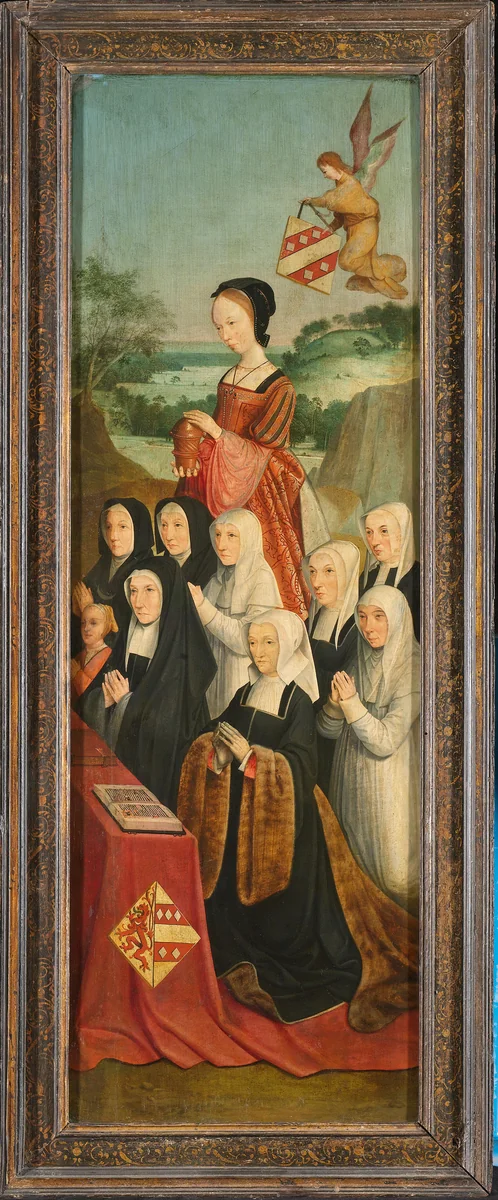 Memorial Panel with Nine Female Portraits, probably Kathrijn Willemsdr van der Graft and Family, with Saint Mary Magdalene and the Van Soutelande Family and Van der Graft-Van Soutelande Crests, inner right wing of an altarpiece by Master of Alkmaar, painting, 1515-1520