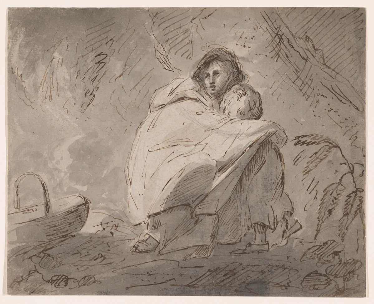Woman sheltering a child in a landscape by William Hamilton, drawing, 1770-1780