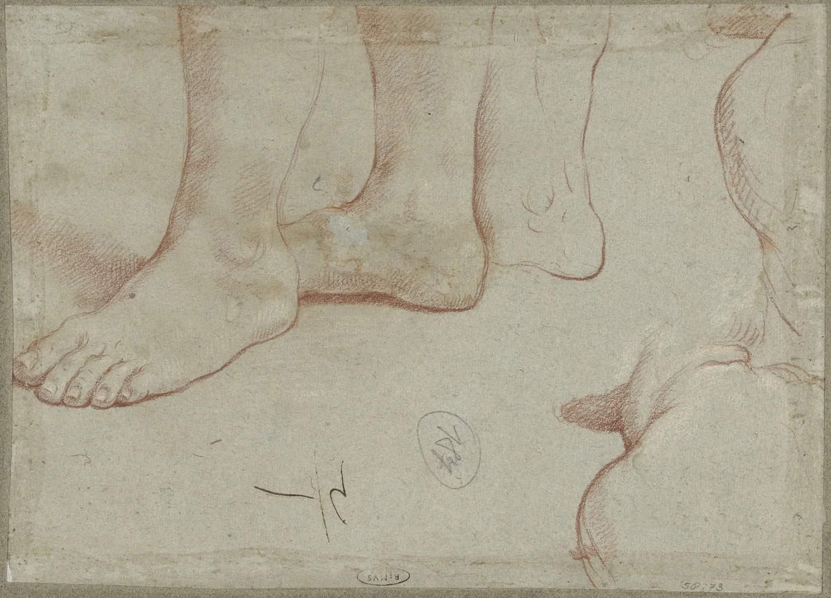 Studies van voeten, hoofd en schouders van een op de rug geziene man by Guido Reni, drawing, 1608-1616