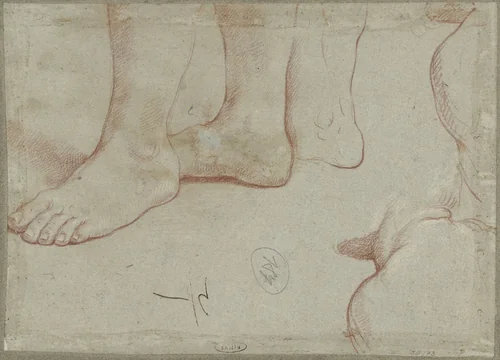 Studies van voeten, hoofd en schouders van een op de rug geziene man by Guido Reni, drawing, 1608-1616