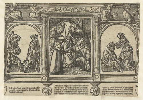 De doornkroning, David vlucht voor Simi en Apamene neemt de kroon af van Darius by Unknown, print, 1525-1530