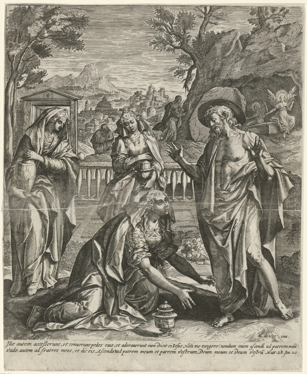 Christus verschijnt als tuinman aan Maria Magdalena (Noli me tangere) by anonymous, print, 1582-1650