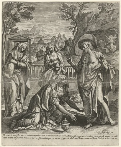 Christus verschijnt als tuinman aan Maria Magdalena (Noli me tangere) by anonymous, print, 1582-1650