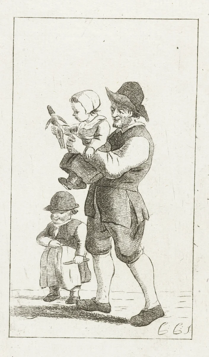 Vader met twee kinderen by Pieter de Mare, print, 1779