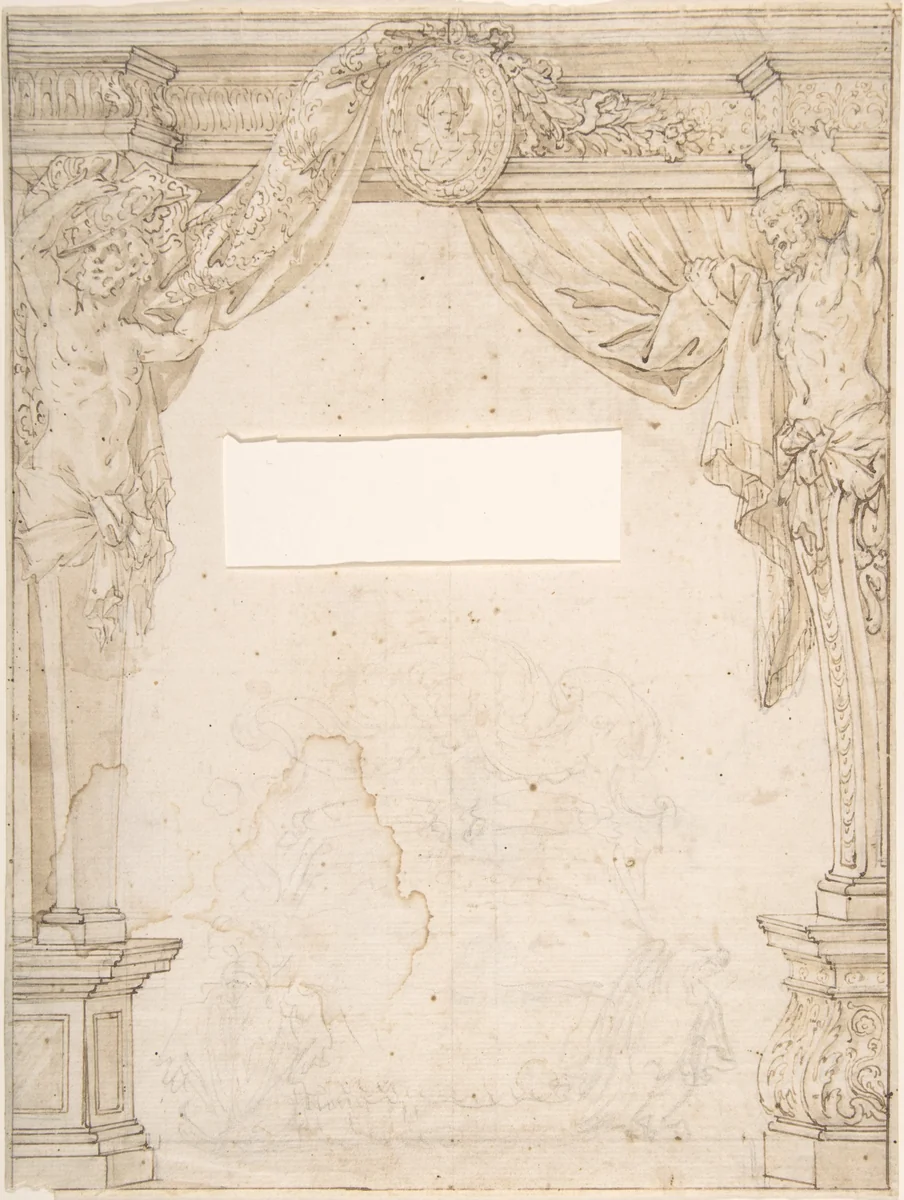 Herms Supporting and Overdoor with Portrait Oval by anonymous, drawing, 1600-1699