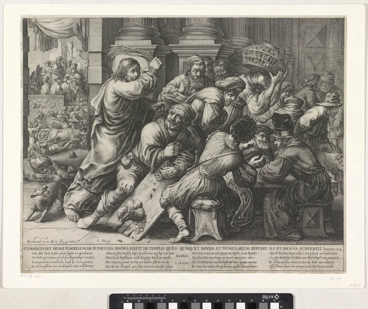 Christus verdrijft de handelaren en geldwisselaars uit de tempel by anonymous, print, 1630-1665