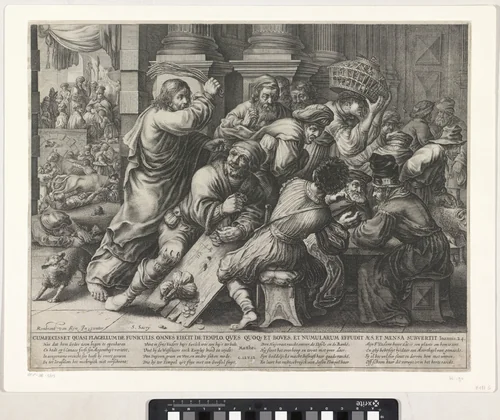 Christus verdrijft de handelaren en geldwisselaars uit de tempel by anonymous, print, 1630-1665