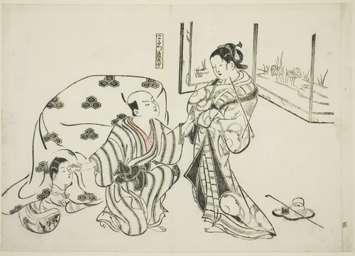 Kotatsu Dojoji, no. 5 from a series of 12 prints depicting parodies of plays by Okumura Masanobu (奥村政信), print, 1711-1740
