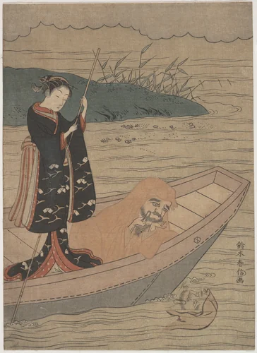 Daruma in a Boat with an Attendant by Suzuki Harunobu (鈴木春信), print, 1768-1769