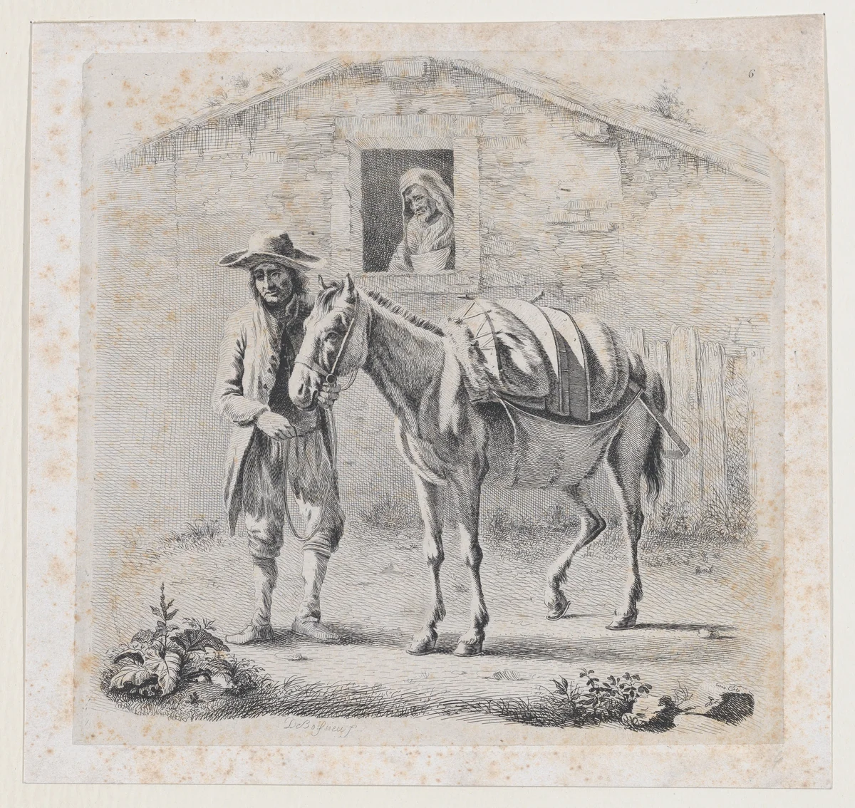Man Holding a Mule before a House by anonymous, print, 1800-1840