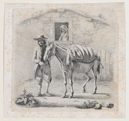 Man Holding a Mule before a House by anonymous, print, 1800-1840