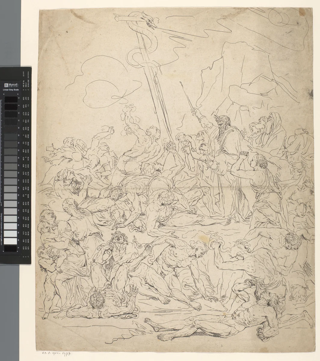 Mozes toont de koperen slang by Franz Ertinger, print, 1652-1707