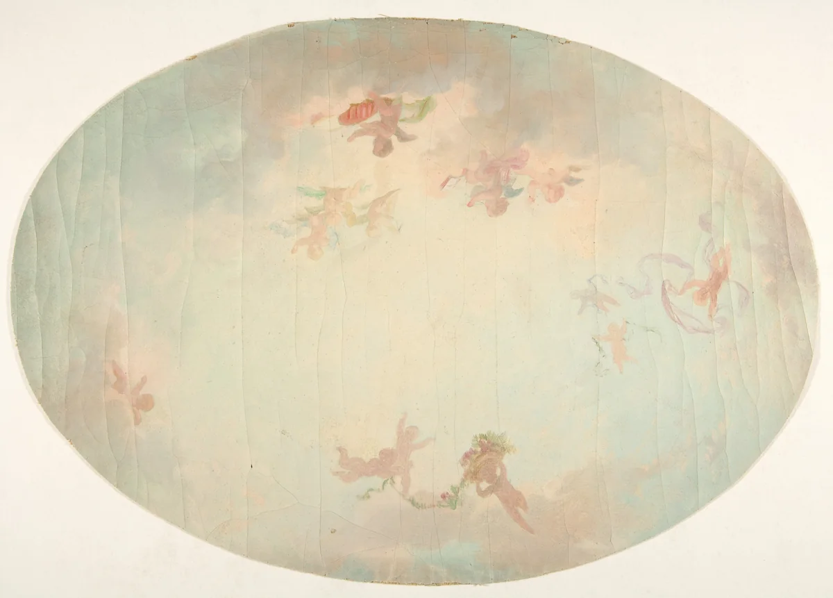 Oval design for a ceiling painted with putti in clouds by Jules-Edmond-Charles Lachaise, drawing, 1850-1900