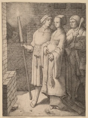 The Man with the Torch and a Woman Followed by a Fool by Lucas van Leyden, print, 1508