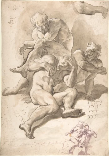 Studies of Three Naked Men, a Right Arm and a Nude Figure Supported by Another (recto); Studies of a Figure with Left Arm Upraised, a Leg, and Putti with Foliage (verso) by Paolo Pagani, drawing, 1700-1710
