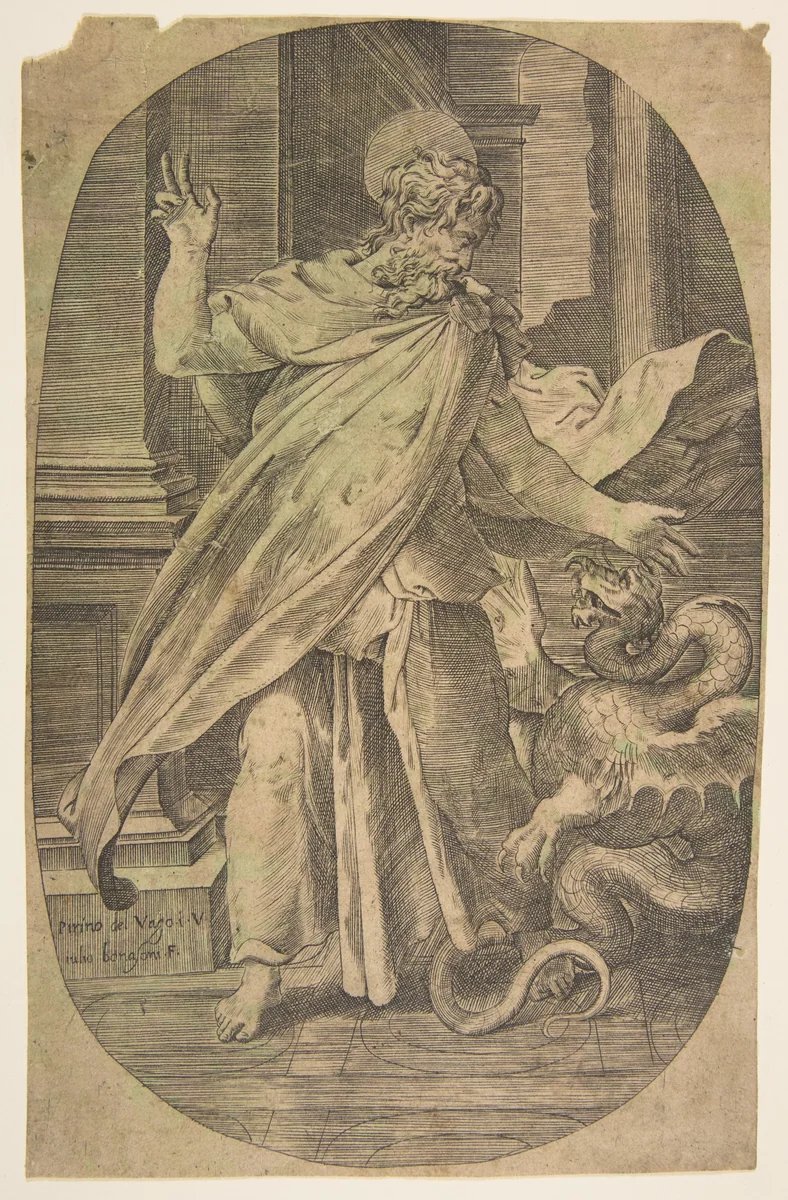 St Paul overcoming the viper, within an architectual setting, an oval composition by Giulio Bonasone, print, 1535-1545