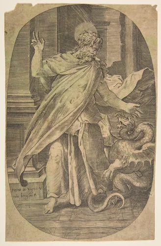 St Paul overcoming the viper, within an architectual setting, an oval composition by Giulio Bonasone, print, 1535-1545